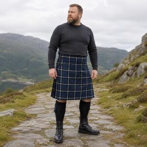 Scottish Design Tartans Mens Green Blue Plaid Kilt Adjustable Size 48 Wool Blend